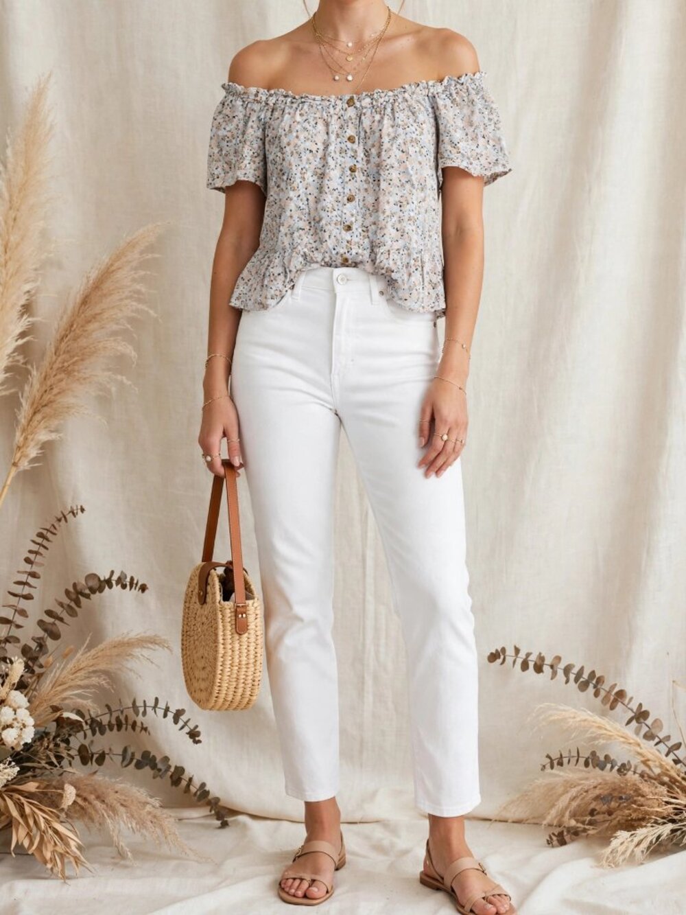 Sky and Sparrow Floral Off-Shoulder Button Front Top - Light Blue & Peach